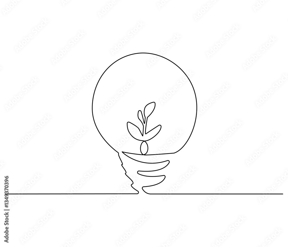 Continuous one line drawing of Lightbulb with leaf inside. Single line drawing illustration of Plant inside Lightbulb. Green energy concept vector art. Doodle line illustration. Continuous one line drawing of Lightbulb with leaf inside. Single line drawing illustration of Plant inside Lightbulb. Green energy concept vector art. Doodle line illustration.