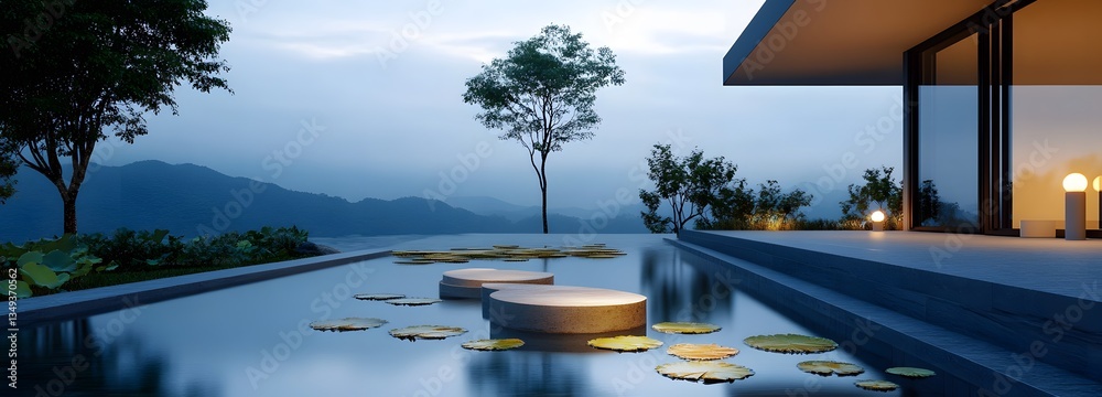 A sleek stone podium positioned on the right, surrounded by a tranquil lotus pond with koi fish and mist rising at dawn.