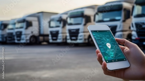 Hand holding smartphone displaying GPS tracking app with semi-trucks in background.