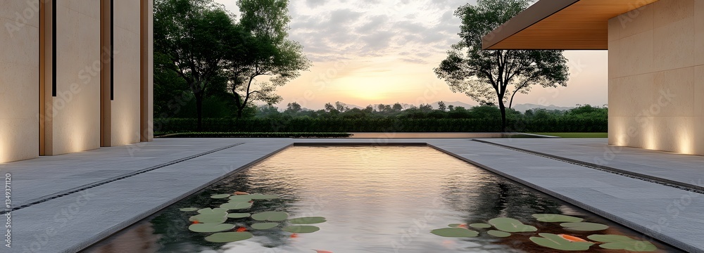 A sleek stone podium positioned on the right, surrounded by a tranquil lotus pond with koi fish and mist rising at dawn.
