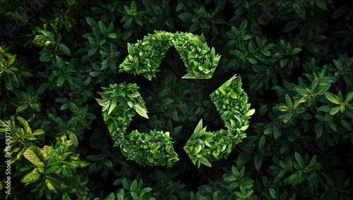 Recycled symbol formed from leaves.  Green leaves create a circular arrow pattern on a bed of greenery
