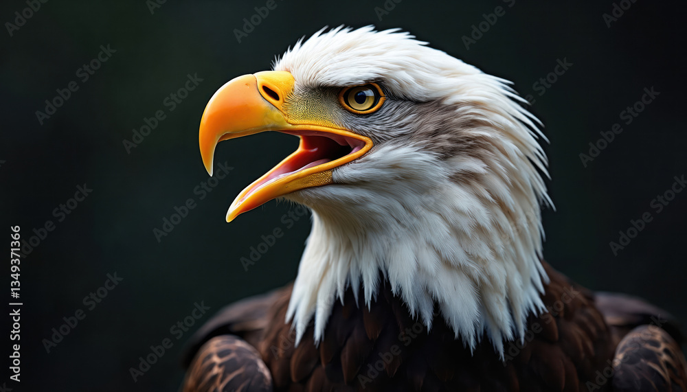 Obraz premium Majestic bald eagle portrait with open beak on dark background. Powerful bird of prey showcases fierce beauty, strength. Symbol of freedom, national pride, intense gaze.