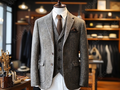 A tailored three piece suit on a mannequin in a store setting photo