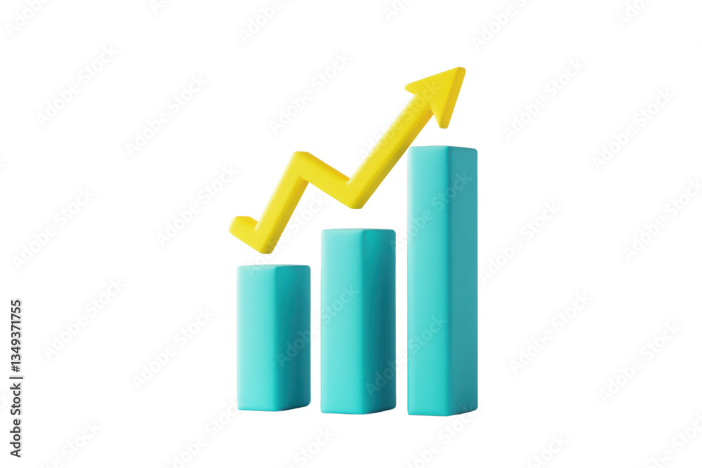 Bar chart with yellow arrow pointing upward to represent growth and success Bar chart with yellow arrow pointing upward to represent growth and success
