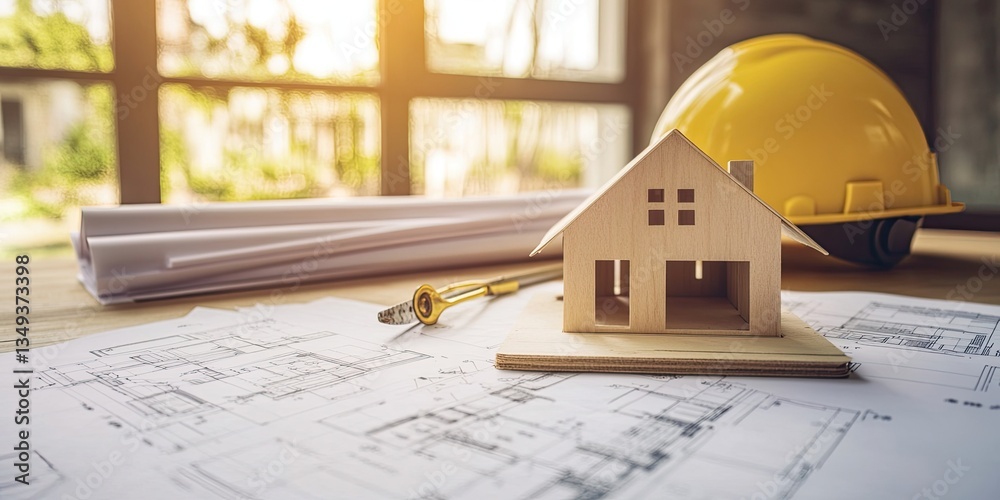 Construction blueprints with a miniature house model and hard hat Construction blueprints with a miniature house model and hard hat