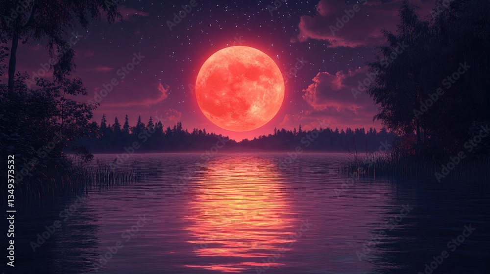 Red moon over lake at night