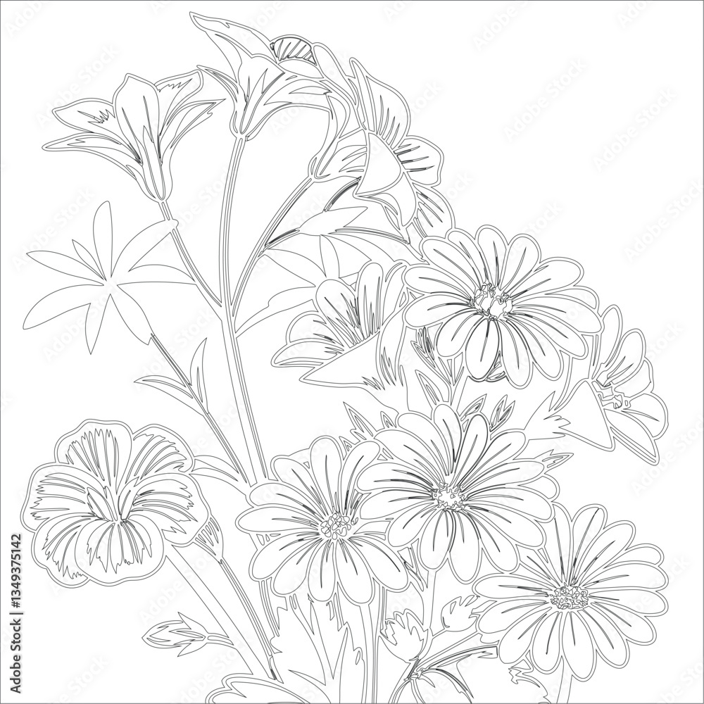 Fototapeta premium Black and White Flowers Coloring Page with Line Art Illustration