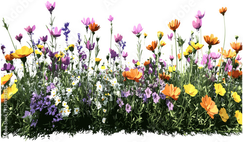 Flowering meadow, vibrant garden blooms, spring flora, vector flowers, nature blooms, gardening illustration, colorful field, lush plants, outdoor beauty, green landscape