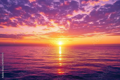 Purple and yellow sunset over the ocean with a boat in the distance
