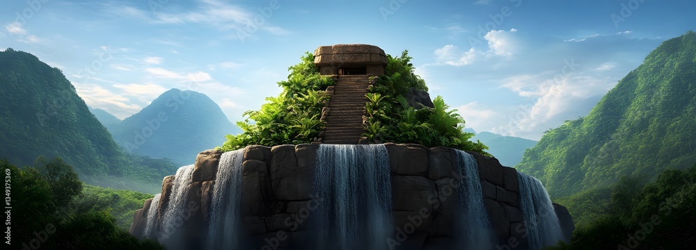 A podium sculpted from ancient rock, positioned on the right, covered in cascading waterfalls and surrounded by vibrant greenery.