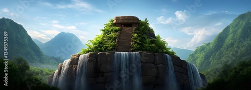 Obraz na płótnie A podium sculpted from ancient rock, positioned on the right, covered in cascading waterfalls and surrounded by vibrant greenery. w salonie