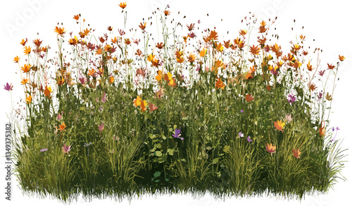 Dense flowering meadow, row of wildflowers, vector cutout, vibrant field, nature landscape, blooming plants, summer scenery, green grass, countryside view, field flowers, rural.