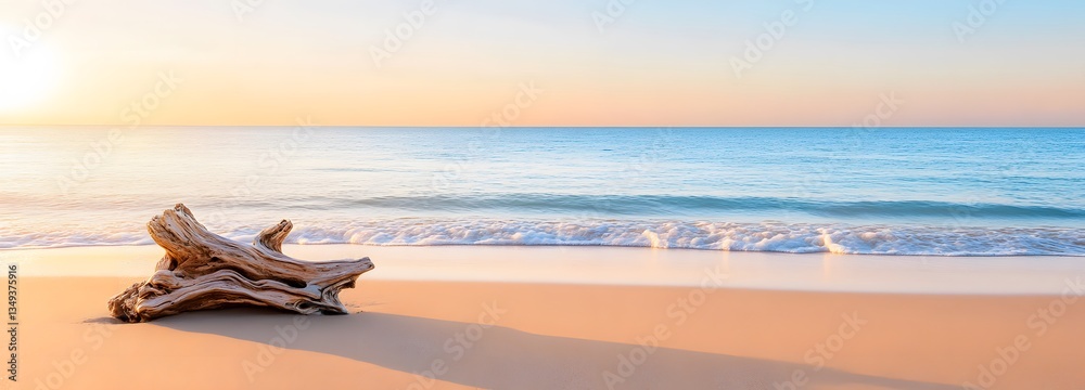 A podium crafted from polished driftwood, resting on the right side of a serene beach with waves gently lapping the shore.