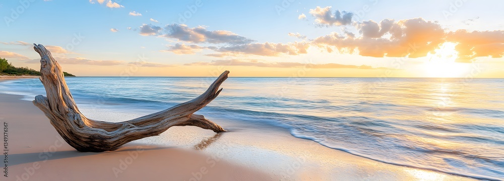 A podium crafted from polished driftwood, resting on the right side of a serene beach with waves gently lapping the shore.