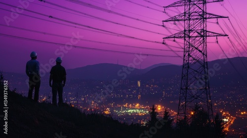 Wallpaper Mural Two workers in white helmets stand on the hillside overlooking an electricity grid with black power lines and towering electric towers against a purple sky  Torontodigital.ca