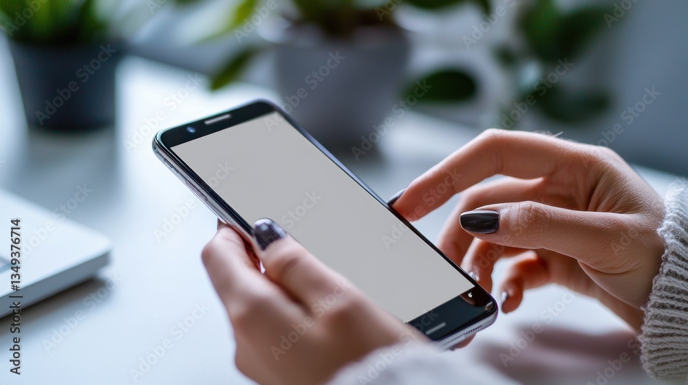 Woman using smartphone at a desk with plants Woman using smartphone at a desk with plants
