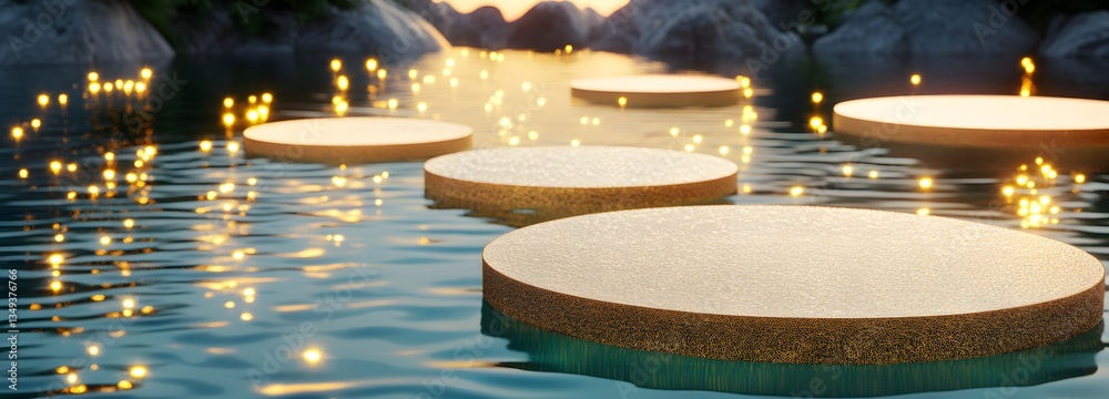A podium designed from giant lily pads, floating on the right side of a still lake with golden reflections on the water.