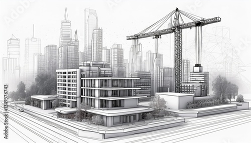 3D model design paper draft illustration of building construction project