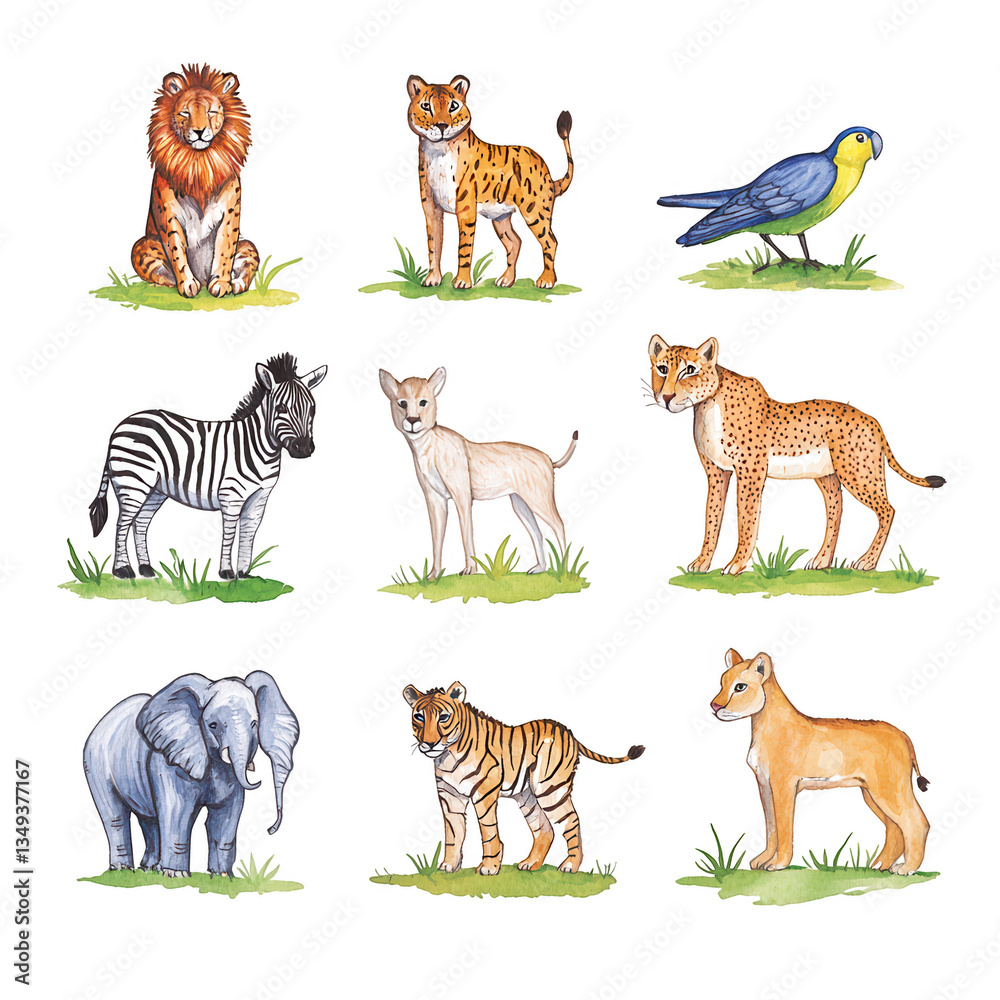 Naklejka premium Collection of illustrated animals on white isolated background.