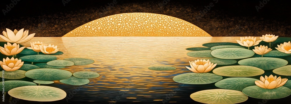 A podium designed from giant lily pads, floating on the right side of a still lake with golden reflections on the water.