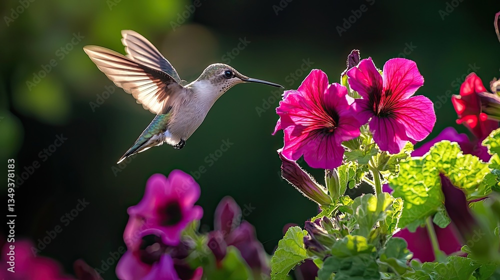 Fototapeta premium White hummingbird hovering near the petals of an electric purple geranium flower. The flowers' dark green leaves contrast with their deep red hues