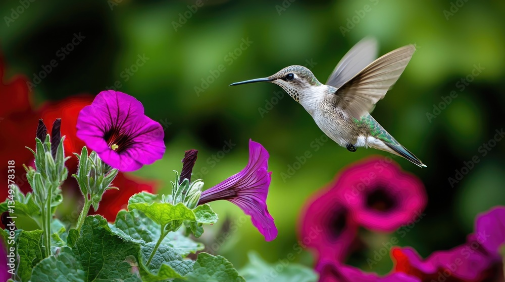 Fototapeta premium White hummingbird hovering near the petals of an electric purple geranium flower. The flowers' dark green leaves contrast with their deep red hues, 