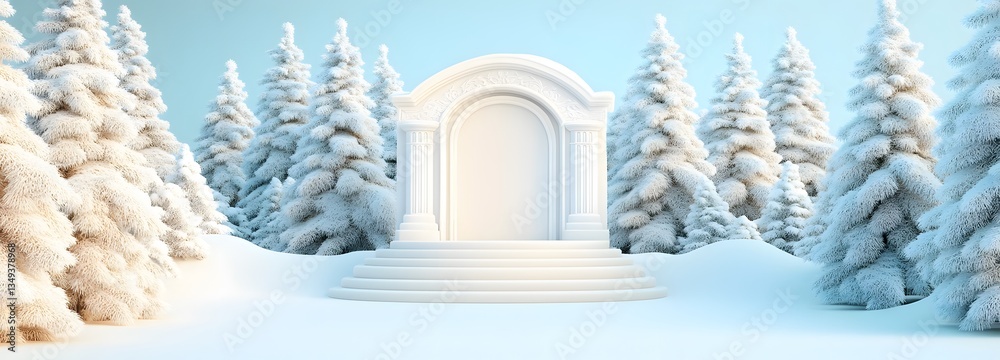 A majestic ice-carved podium standing on the right, surrounded by snow-covered trees in a frozen wonderland.