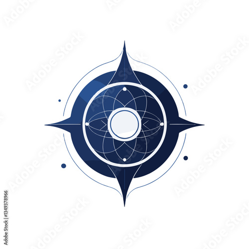 Stylized blue compass design with atomic symbol representing science and exploration concept with copy space