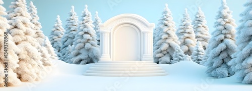 Obraz na płótnie A majestic ice-carved podium standing on the right, surrounded by snow-covered trees in a frozen wonderland. w salonie