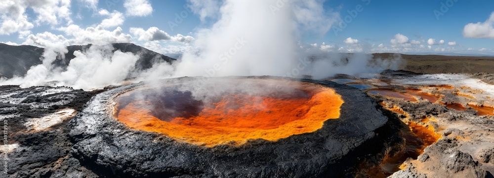 A smooth black volcanic rock podium on the right, encircled by steaming geysers and colorful mineral deposits.