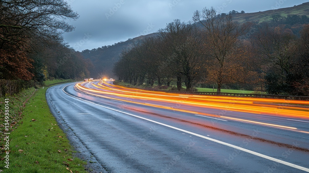 Fototapeta premium Twilight highway curves through autumnal landscape, showcasing light trails from speeding vehicles on a wet road