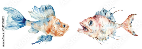 anglerfish, goldfish watercolor vector illustration, underwater ocean fish art isolated on white background