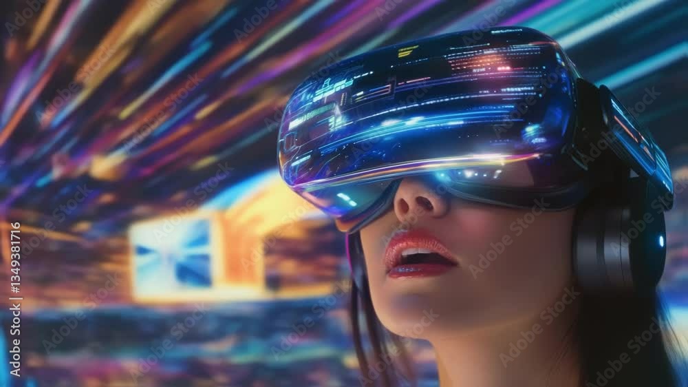 Businesswoman wearing a vr headset immerses in a vibrant metaverse, surrounded by streaming code and dynamic neon lights, creating a futuristic digital world Businesswoman wearing a vr headset immerses in a vibrant metaverse, surrounded by streaming code and dynamic neon lights, creating a futuristic digital world