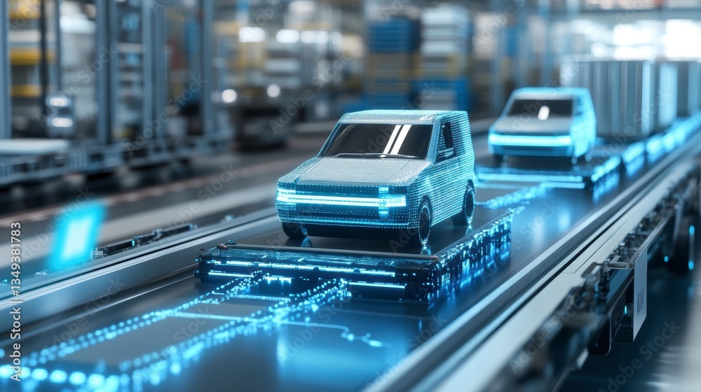 Automated electric vehicle assembly line with digital interface.