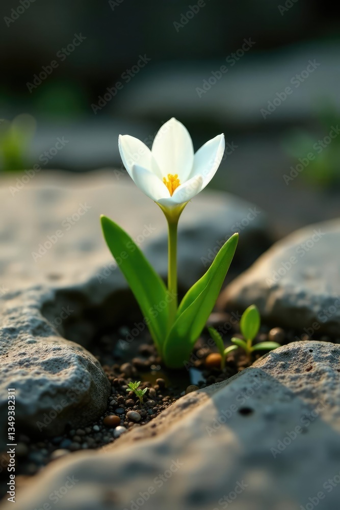 Obraz premium A solitary white flower blooms through a small crack in the stone, Stone, Garden decor, Bloom