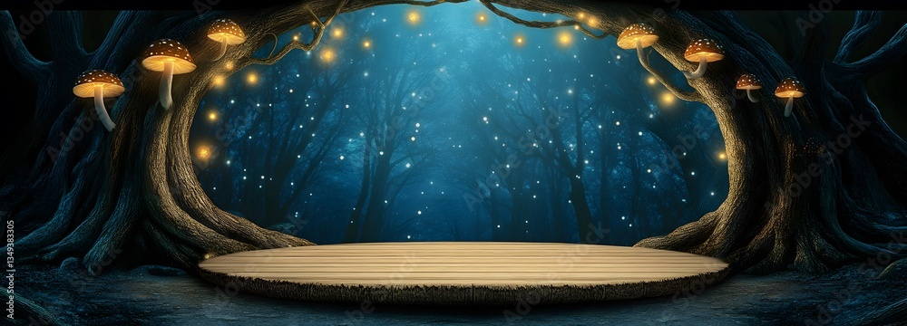 A massive tree-root podium on the right, set deep within an ancient enchanted forest with glowing mushrooms.