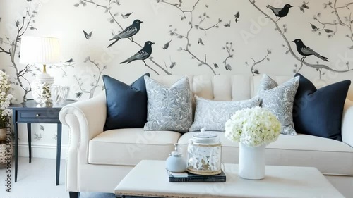Elegant living room interior design with bird wallpaper