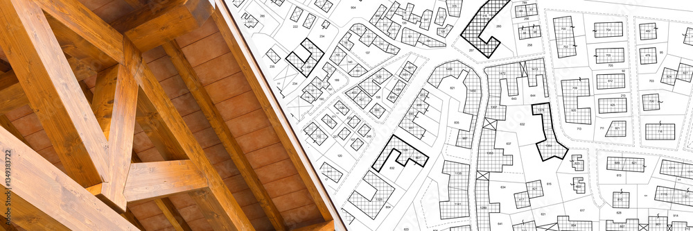 REAL ESTATE MARKET WITH WOODEN BUILDING - Lower environmental impact for wooden buildings concept with imaginary Cadastral Map and General Urban Planning - Web banner concept with copy space REAL ESTATE MARKET WITH WOODEN BUILDING - Lower environmental impact for wooden buildings concept with imaginary Cadastral Map and General Urban Planning - Web banner concept with copy space