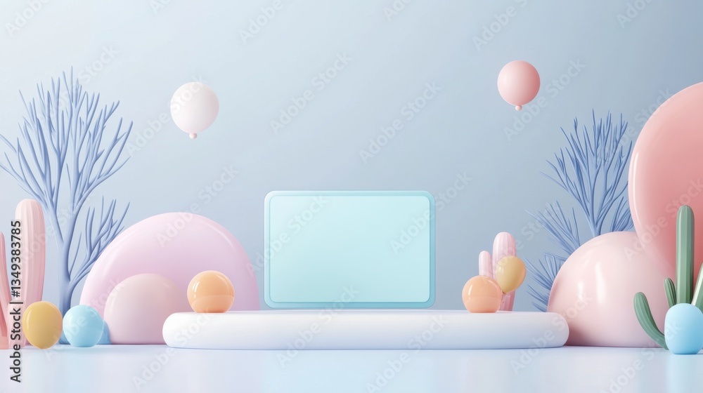 Fototapeta premium carbon footprint security e-wallet. Pastel Abstract 3D Render with Balloons and Geometric Shapes