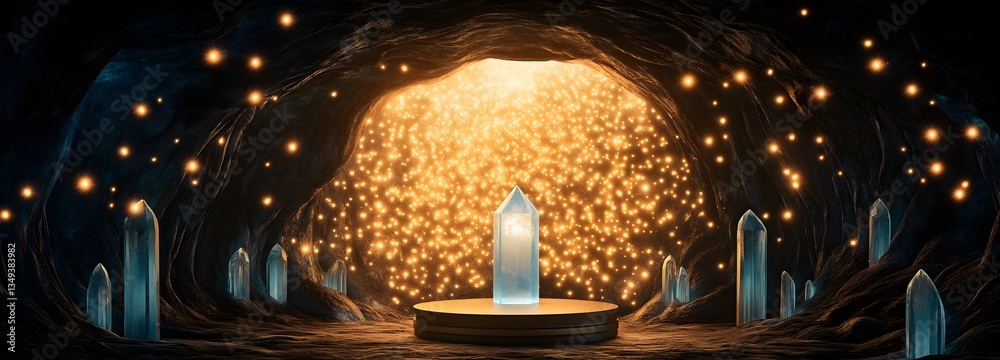 A shimmering crystal podium on the right, surrounded by floating pollen-like lights in a mystical cave.