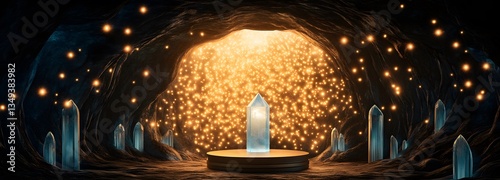 Obraz na płótnie A shimmering crystal podium on the right, surrounded by floating pollen-like lights in a mystical cave. w salonie