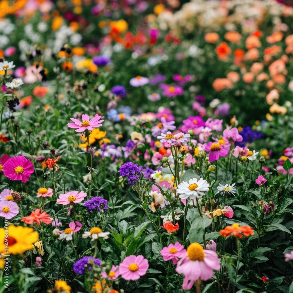 Fototapeta premium Abundance of diverse wildflowers blossoming in an open field setting