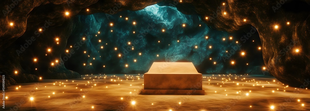 A shimmering crystal podium on the right, surrounded by floating pollen-like lights in a mystical cave.