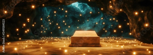 Obraz na płótnie A shimmering crystal podium on the right, surrounded by floating pollen-like lights in a mystical cave. w salonie