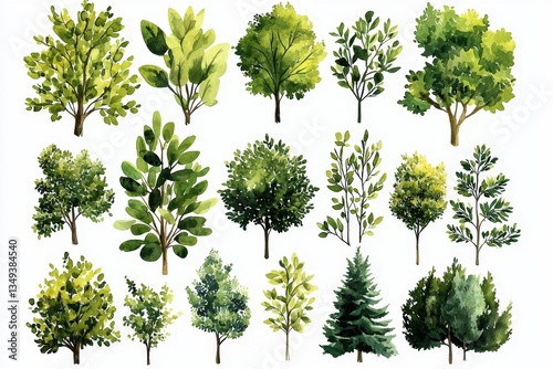 Watercolor Illustration of Green Trees and Shrubs