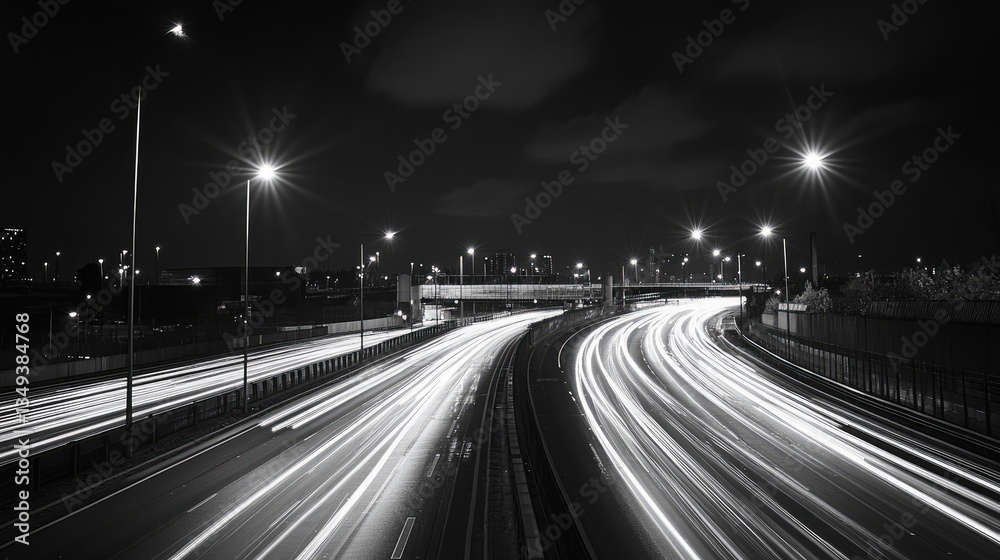 Nighttime city highway with light trails from moving vehicles under streetlights, showcasing urban life and motion Nighttime city highway with light trails from moving vehicles under streetlights, showcasing urban life and motion