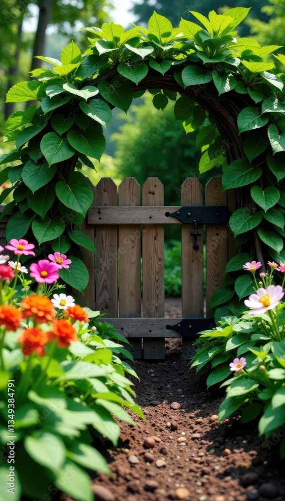 Flowers and foliage on potato plants with a wooden garden gate, gate, potatoes, greenery Flowers and foliage on potato plants with a wooden garden gate, gate, potatoes, greenery