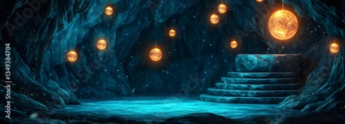 A shimmering crystal podium on the right, surrounded by floating pollen-like lights in a mystical cave.