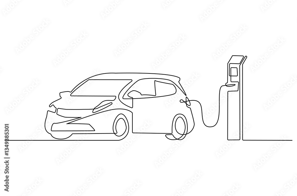 Continuous one line drawing of Electric car at charging stations. Single line drawing illustration of Electric car. Battery Green energy concept vector art. Doodle line illustration. Continuous one line drawing of Electric car at charging stations. Single line drawing illustration of Electric car. Battery Green energy concept vector art. Doodle line illustration.