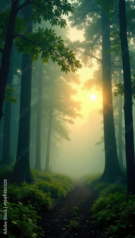 Obraz premium Foggy dawn breaks through the misty forest canopy, neblina, greenery, ambiance